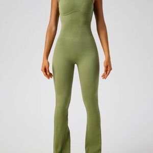 Ribbed Boot Flare Jumpsuit Pants in Olive Green